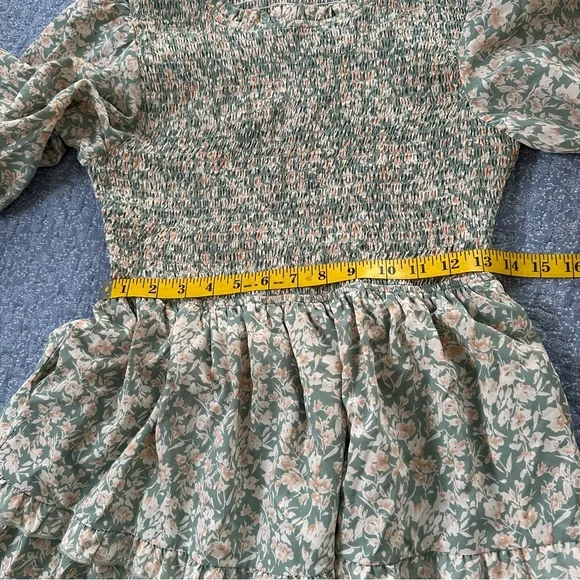Polagram Dress Floral Green Maxi Smocked Bodice Three Tiered RuffleS Size M - Picture 13 of 15